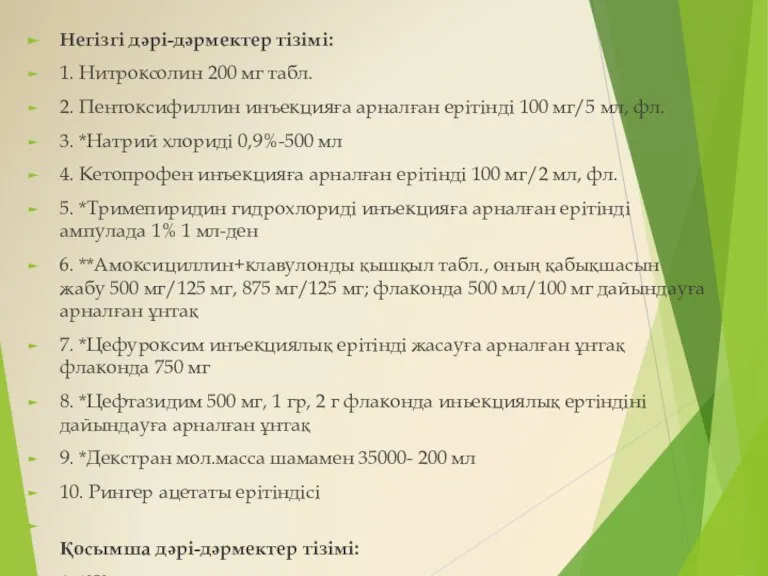 Негізгі дəрі-дəрмектер тізімі: 1. Нитроксолин 200 мг табл. 2. Пентоксифиллин инъекцияға арналған