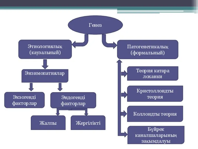 Генез Этиологиялық (каузальный) Патогенетикалық (формальный) Энзимопатиялар Экзогенді факторлар Эндогенді факторлар Жалпы Жергілікті