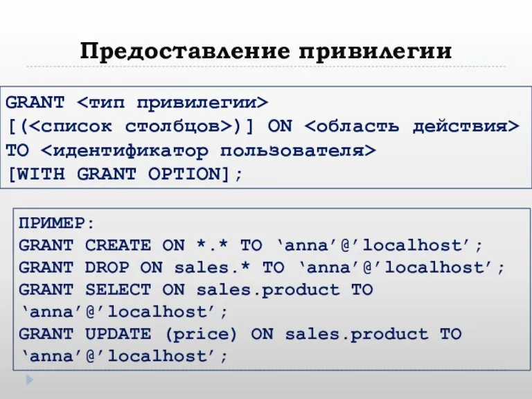 Предоставление привилегии GRANT [( )] ON TO [WITH GRANT OPTION]; ПРИМЕР: GRANT