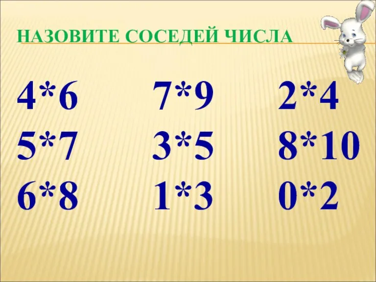 НАЗОВИТЕ СОСЕДЕЙ ЧИСЛА 4*6 7*9 2*4 5*7 3*5 8*10 6*8 1*3 0*2