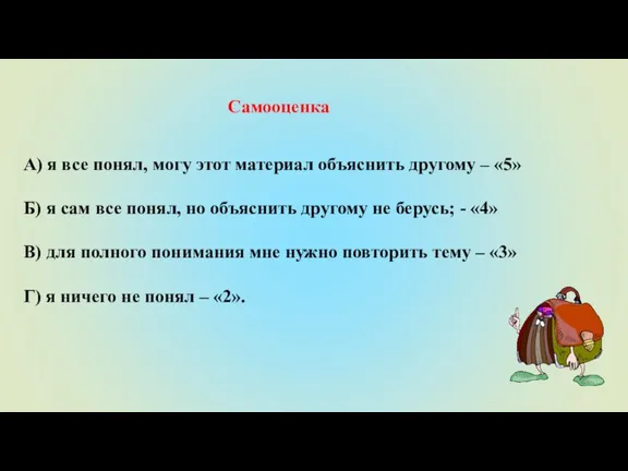 Самооценка А) я все понял, могу этот материал объяснить другому – «5»