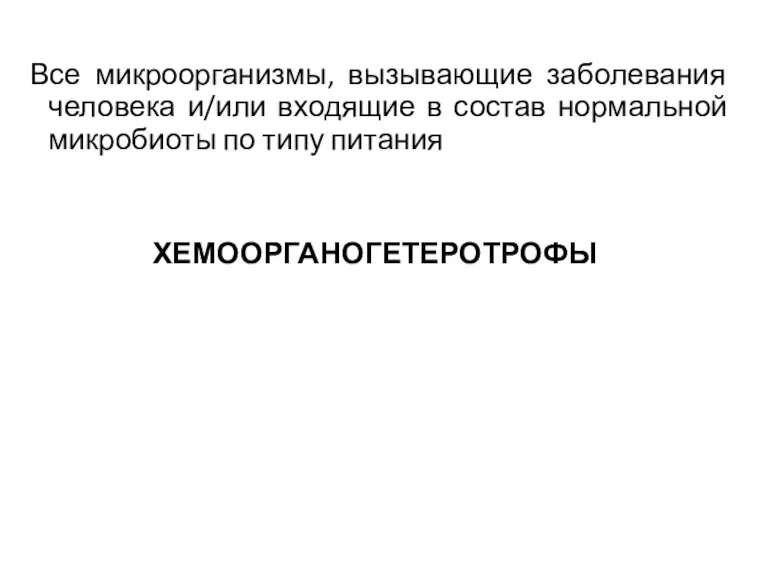 Все микроорганизмы, вызывающие заболевания человека и/или входящие в состав нормальной микробиоты по типу питания ХЕМООРГАНОГЕТЕРОТРОФЫ