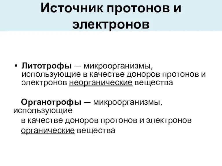 Источник протонов и электронов Литотрофы — микроорганизмы, использующие в качестве доноров протонов