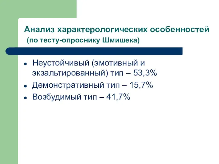 Анализ характерологических особенностей (по тесту-опроснику Шмишека) Неустойчивый (эмотивный и экзальтированный) тип –