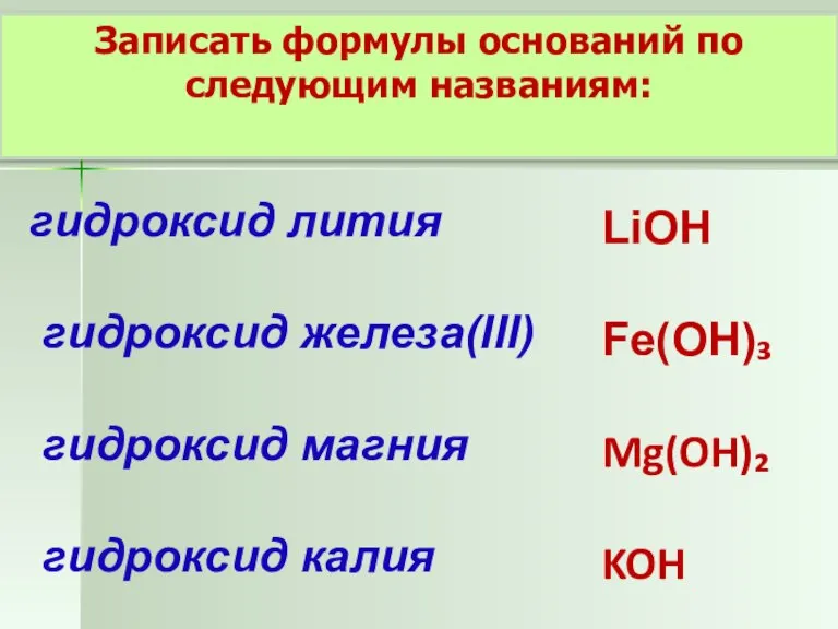 Записать формулы оснований по следующим названиям: гидроксид лития гидроксид железа(III) гидроксид магния