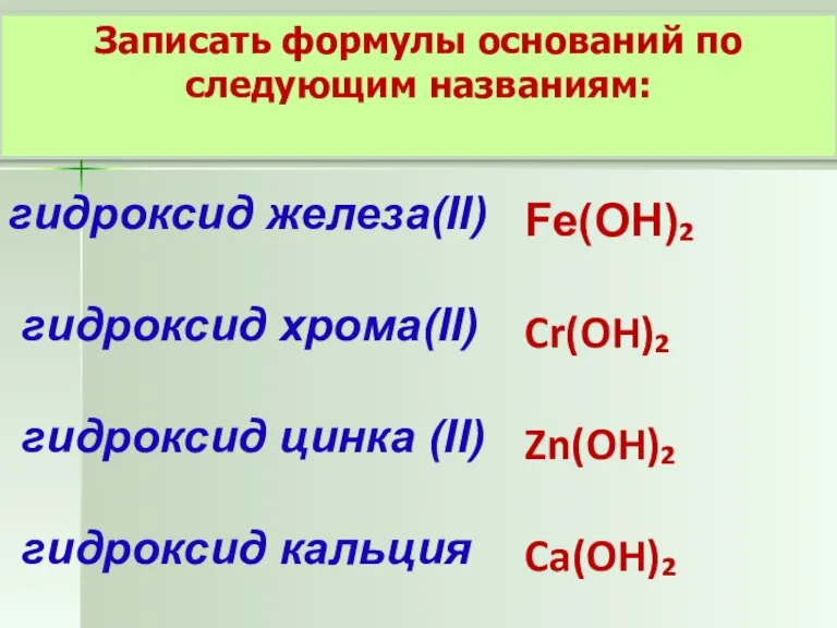 Записать формулы оснований по следующим названиям: гидроксид железа(II) гидроксид хрома(II) гидроксид цинка