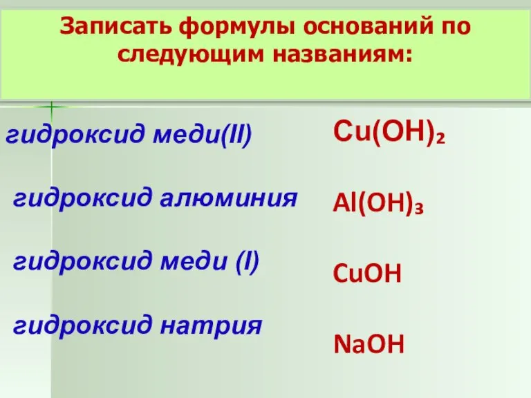 Записать формулы оснований по следующим названиям: гидроксид меди(II) гидроксид алюминия гидроксид меди