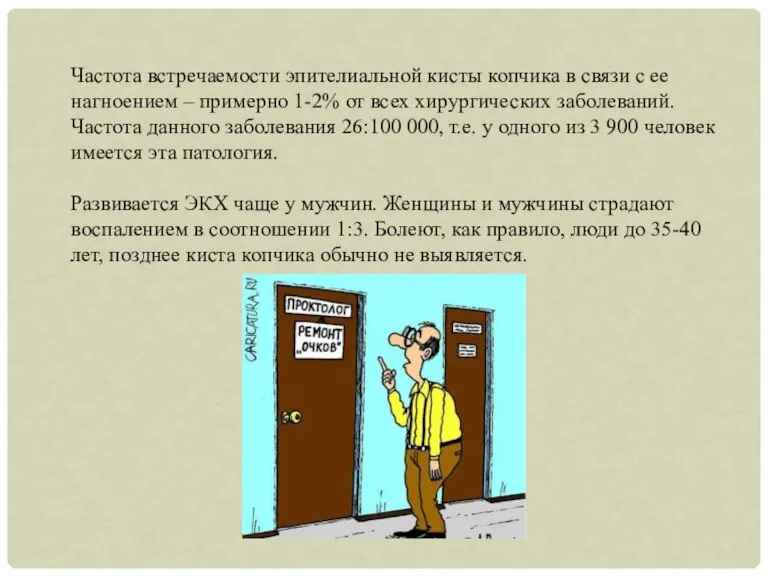 Частота встречаемости эпителиальной кисты копчика в связи с ее нагноением – примерно