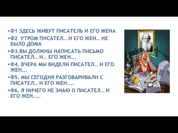 Ф1 ЗДЕСЬ ЖИВУТ ПИСАТЕЛЬ И ЕГО ЖЕНА Ф2 УТРОМ ПИСАТЕЛ… И ЕГО