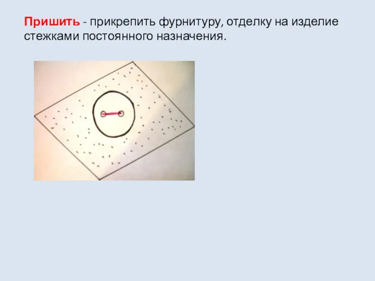 Пришить - прикрепить фурнитуру, отделку на изделие стежками постоянного назначения.