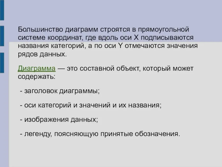 Большинство диаграмм строятся в прямоугольной системе координат, где вдоль оси X подписываются