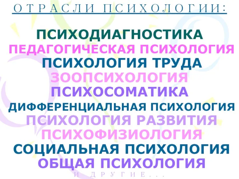 ОТРАСЛИ ПСИХОЛОГИИ: ПСИХОДИАГНОСТИКА ПЕДАГОГИЧЕСКАЯ ПСИХОЛОГИЯ ПСИХОЛОГИЯ ТРУДА ЗООПСИХОЛОГИЯ ПСИХОСОМАТИКА ДИФФЕРЕНЦИАЛЬНАЯ ПСИХОЛОГИЯ ПСИХОЛОГИЯ