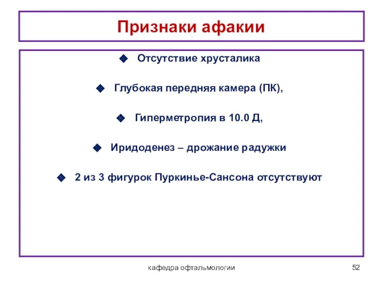 кафедра офтальмологии Признаки афакии: Отсутствие хрусталика Глубокая передняя камера (ПК), Гиперметропия в