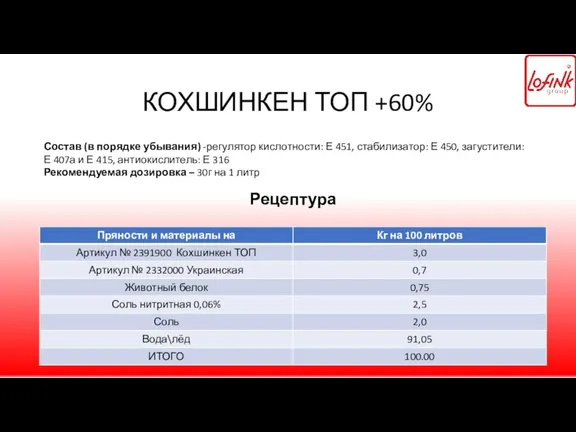 КОХШИНКЕН ТОП +60% Состав (в порядке убывания) -регулятор кислотности: Е 451, стабилизатор: