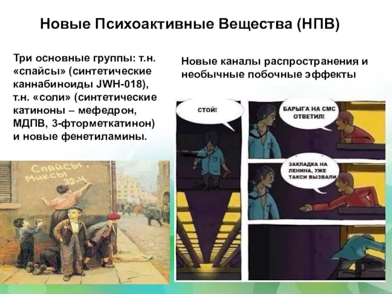 Три основные группы: т.н. «спайсы» (синтетические каннабиноиды JWH-018), т.н. «соли» (синтетические катиноны