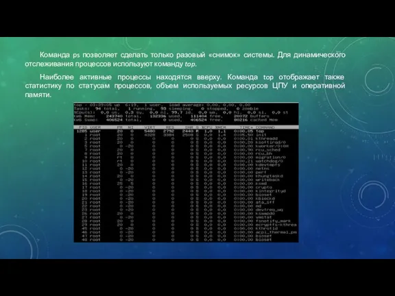 Команда ps позволяет сделать только разовый «снимок» системы. Для динамического отслеживания процессов