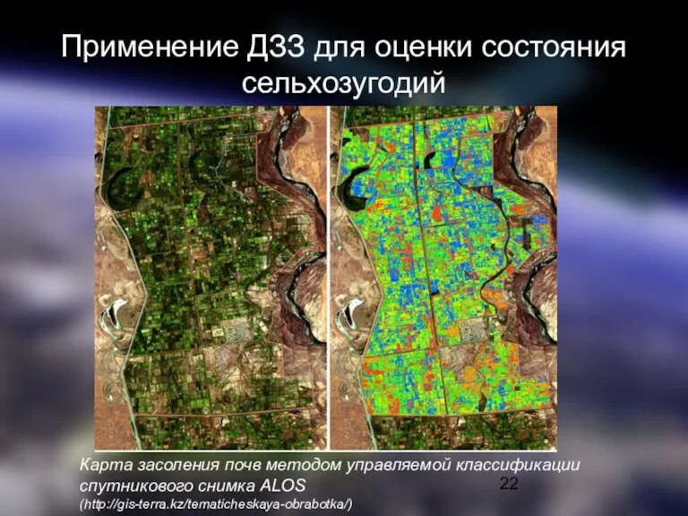 Применение ДЗЗ для оценки состояния сельхозугодий Карта засоления почв методом управляемой классификации спутникового снимка ALOS (http://gis-terra.kz/tematicheskaya-obrabotka/)