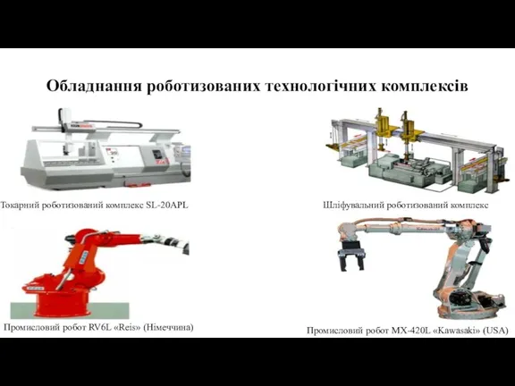 Обладнання роботизованих технологічних комплексів Токарний роботизований комплекс SL-20APL Шліфувальний роботизований комплекс Промисловий