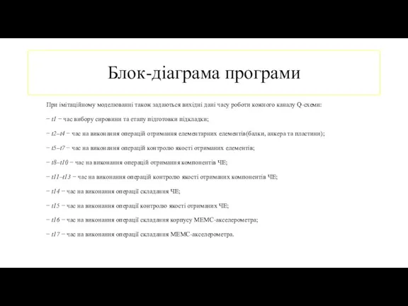 Блок-діаграма програми При імітаційному моделюванні також задаються вихідні дані часу роботи кожного