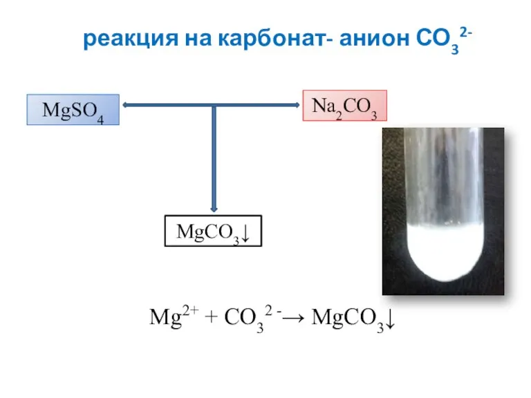 реакция на карбонат- анион СО32- Мg2+ + CO32 -→ МgCO3↓ МgSO4 Na2CO3 МgCO3↓