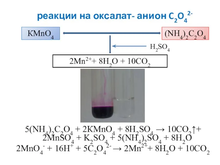 реакции на оксалат- анион C2O42- 5(NH4)2C2O4 + 2КМnО4 + 8H2SO4 → 10CO2↑+