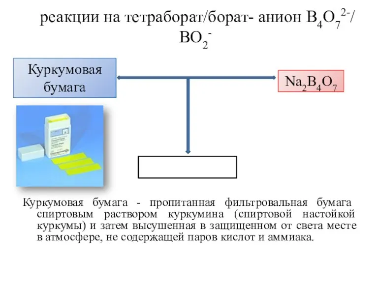 реакции на тетраборат/борат- анион В4О72-/ ВО2- Куркумовая бумага - пропитанная фильтровальная бумага