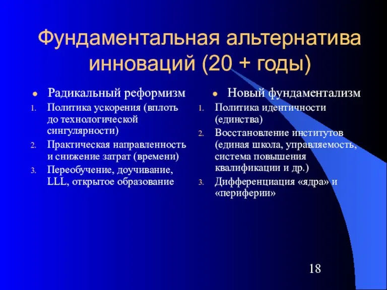 Фундаментальная альтернатива инноваций (20 + годы) Радикальный реформизм Политика ускорения (вплоть до