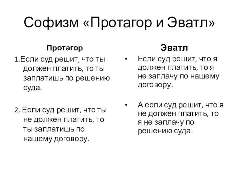 Софизм «Протагор и Эватл» Протагор 1.Если суд решит, что ты должен платить,