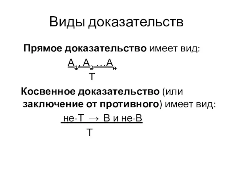 Виды доказательств Прямое доказательство имеет вид: А1, А2 …Аn Т Косвенное доказательство