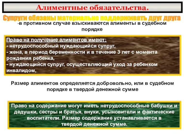 Алиментные обязательства. Супруги обязаны материально поддерживать друг друга -в противном случае взыскиваются