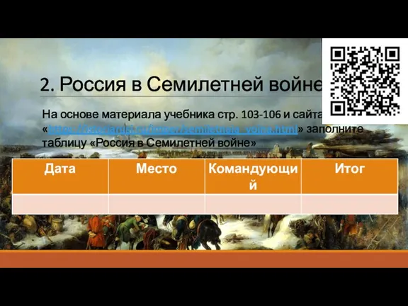 2. Россия в Семилетней войне На основе материала учебника стр. 103-106 и