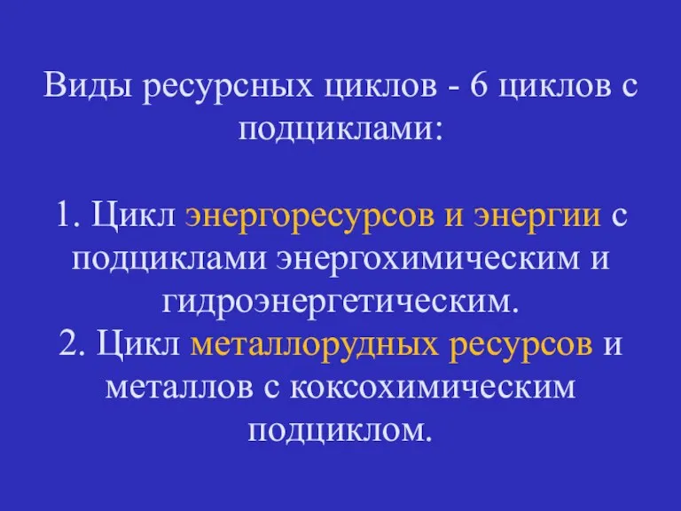 Виды ресурсных циклов - 6 циклов с подциклами: 1. Цикл энергоресурсов и