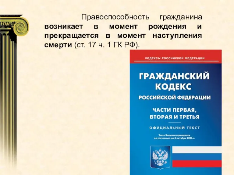 Правоспособность гражданина возникает в момент рождения и прекращается в момент наступления смерти