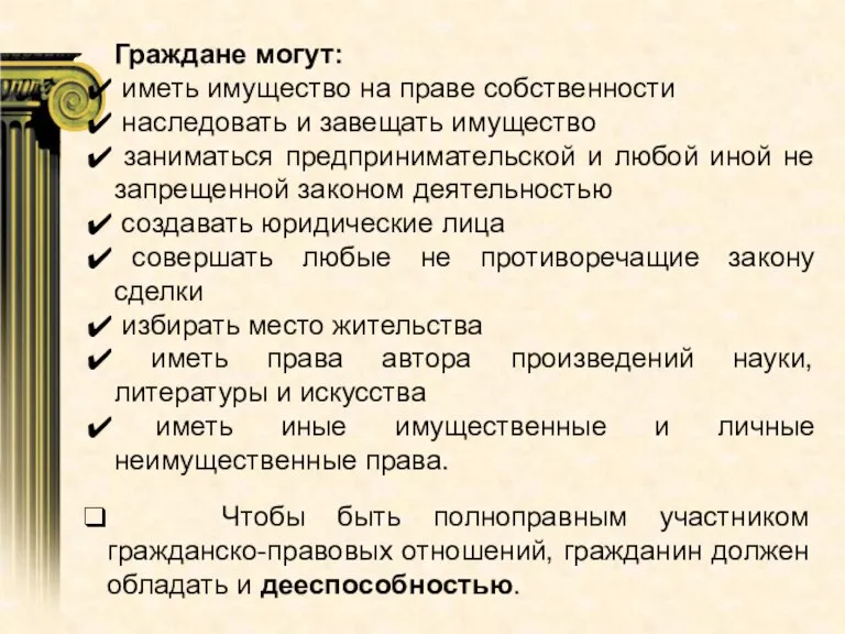 Граждане могут: иметь имущество на праве собственности наследовать и завещать имущество заниматься