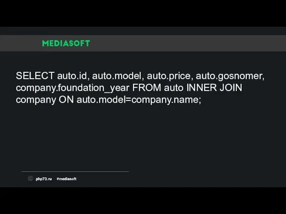 SELECT auto.id, auto.model, auto.price, auto.gosnomer, company.foundation_year FROM auto INNER JOIN company ON auto.model=company.name;