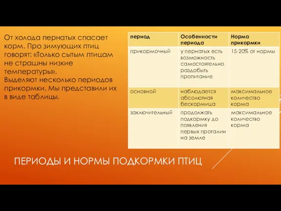 ПЕРИОДЫ И НОРМЫ ПОДКОРМКИ ПТИЦ От холода пернатых спасает корм. Про зимующих