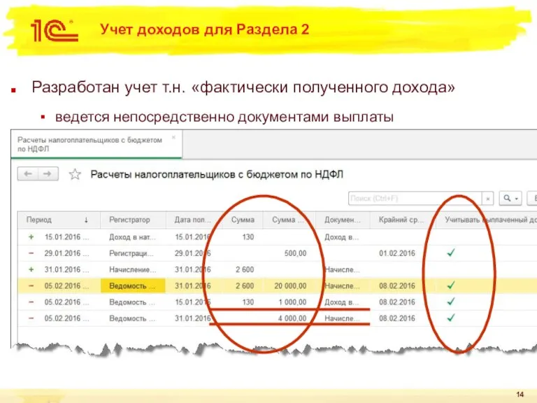 Учет доходов для Раздела 2 Разработан учет т.н. «фактически полученного дохода» ведется