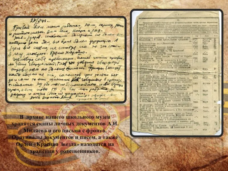 В архиве нашего школьного музея хранятся сканы личных документов А.И. Миляева и