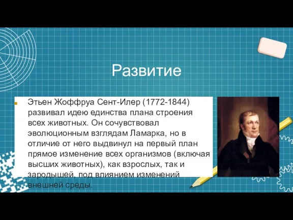 Развитие Этьен Жоффруа Сент-Илер (1772-1844) развивал идею единства плана строения всех животных.