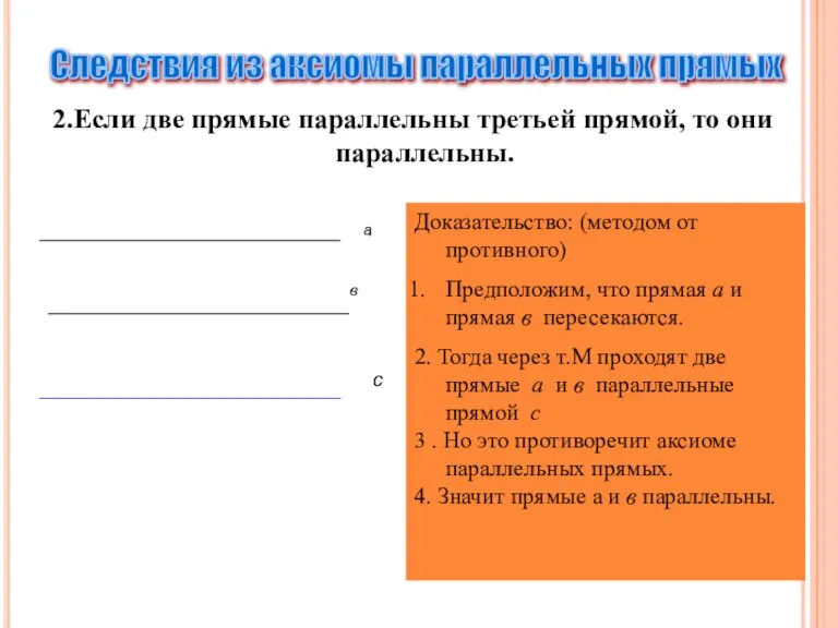 2.Если две прямые параллельны третьей прямой, то они параллельны. Следствия из аксиомы