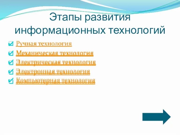 Этапы развития информационных технологий Ручная технология Ручная технология Механическая технология Электрическая технология