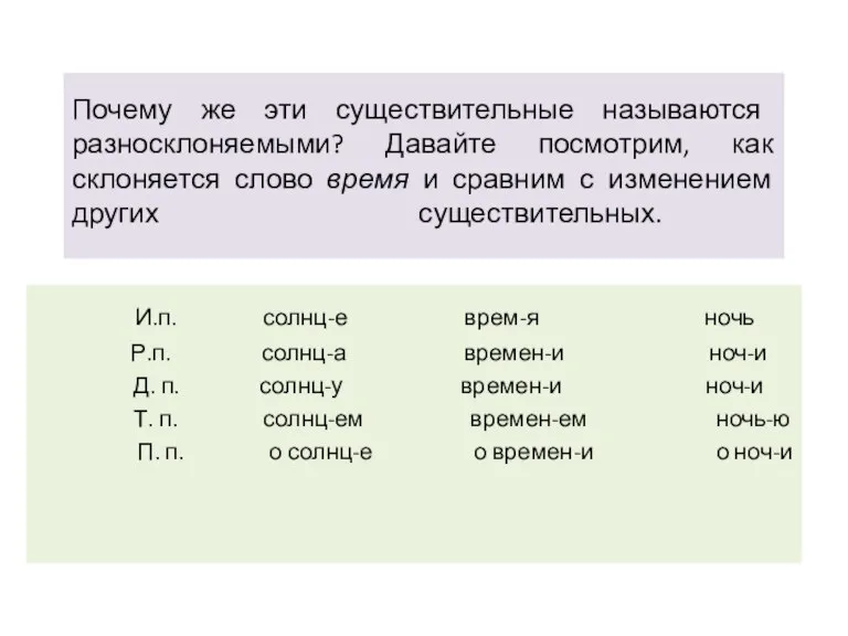 Почему же эти существительные называются разносклоняемыми? Давайте посмотрим, как склоняется слово время