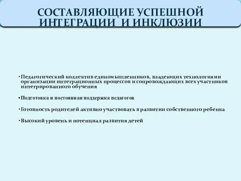 Педагогический коллектив единомышленников, владеющих технологиями организации интеграционных процессов и сопровождающих всех участников