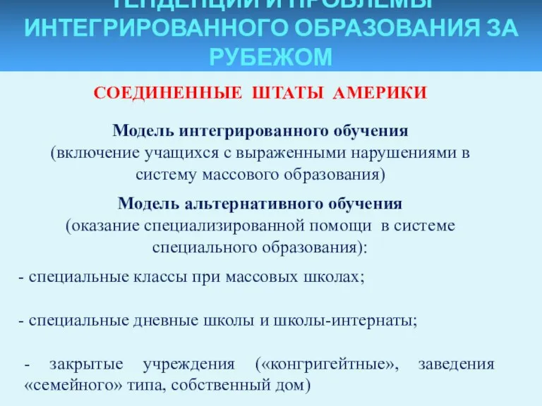 ТЕНДЕНЦИИ И ПРОБЛЕМЫ ИНТЕГРИРОВАННОГО ОБРАЗОВАНИЯ ЗА РУБЕЖОМ СОЕДИНЕННЫЕ ШТАТЫ АМЕРИКИ Модель интегрированного