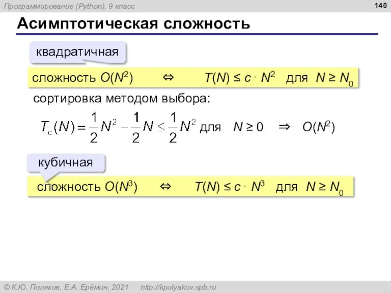 Асимптотическая сложность сложность O(N2) ⇔ T(N) ≤ c⋅ N2 для N ≥