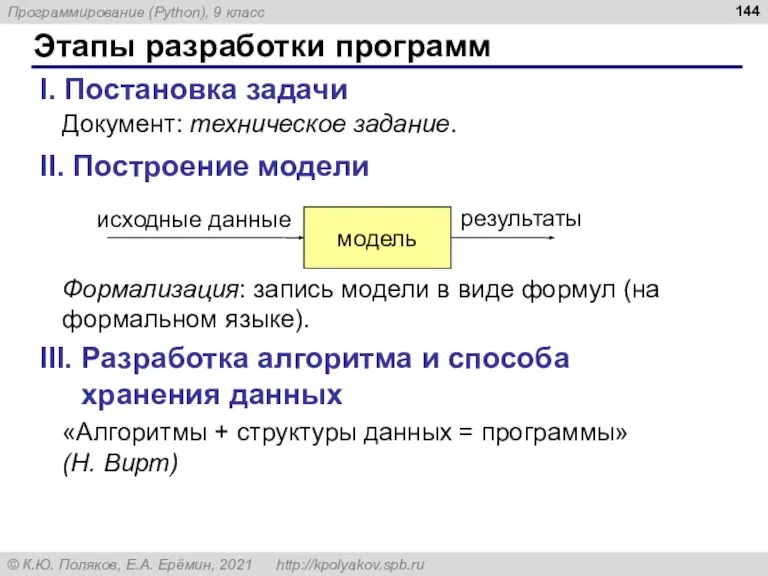 Этапы разработки программ I. Постановка задачи Документ: техническое задание. II. Построение модели