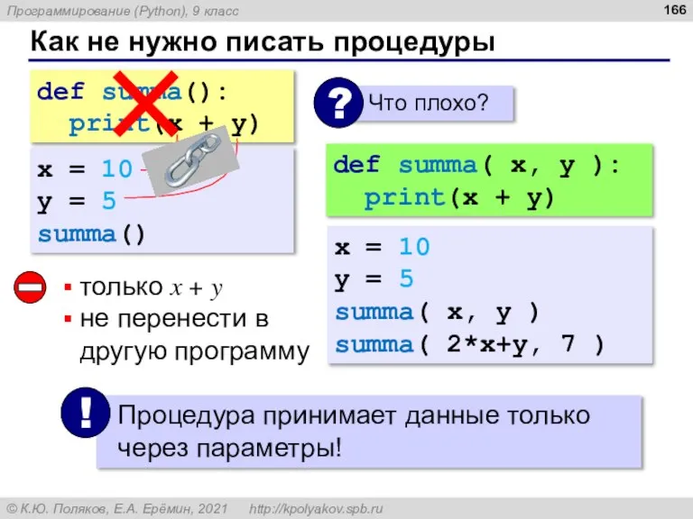 Как не нужно писать процедуры def summa(): print(x + y) x =