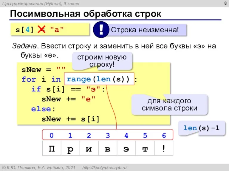 Посимвольная обработка строк s[4] = "a" Задача. Ввести строку и заменить в