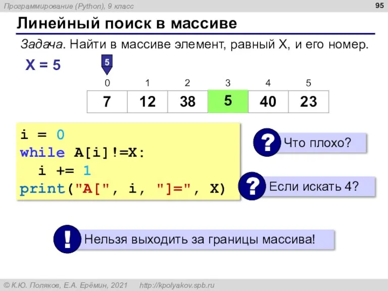 Линейный поиск в массиве Задача. Найти в массиве элемент, равный X, и