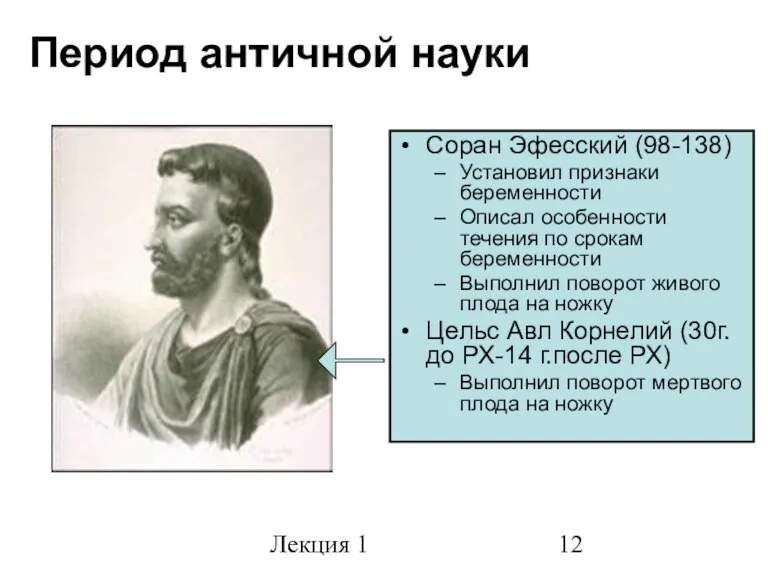 Лекция 1 Период античной науки Соран Эфесский (98-138) Установил признаки беременности Описал